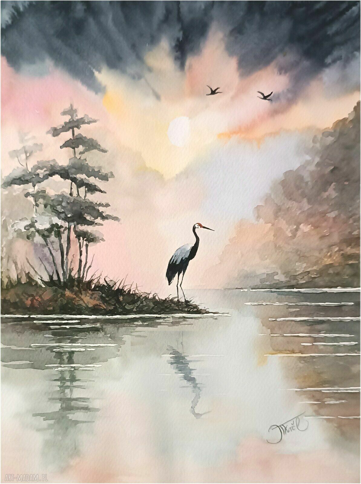 W blasku poranka - akwarela z żurawiami 24x32 cm oryginał