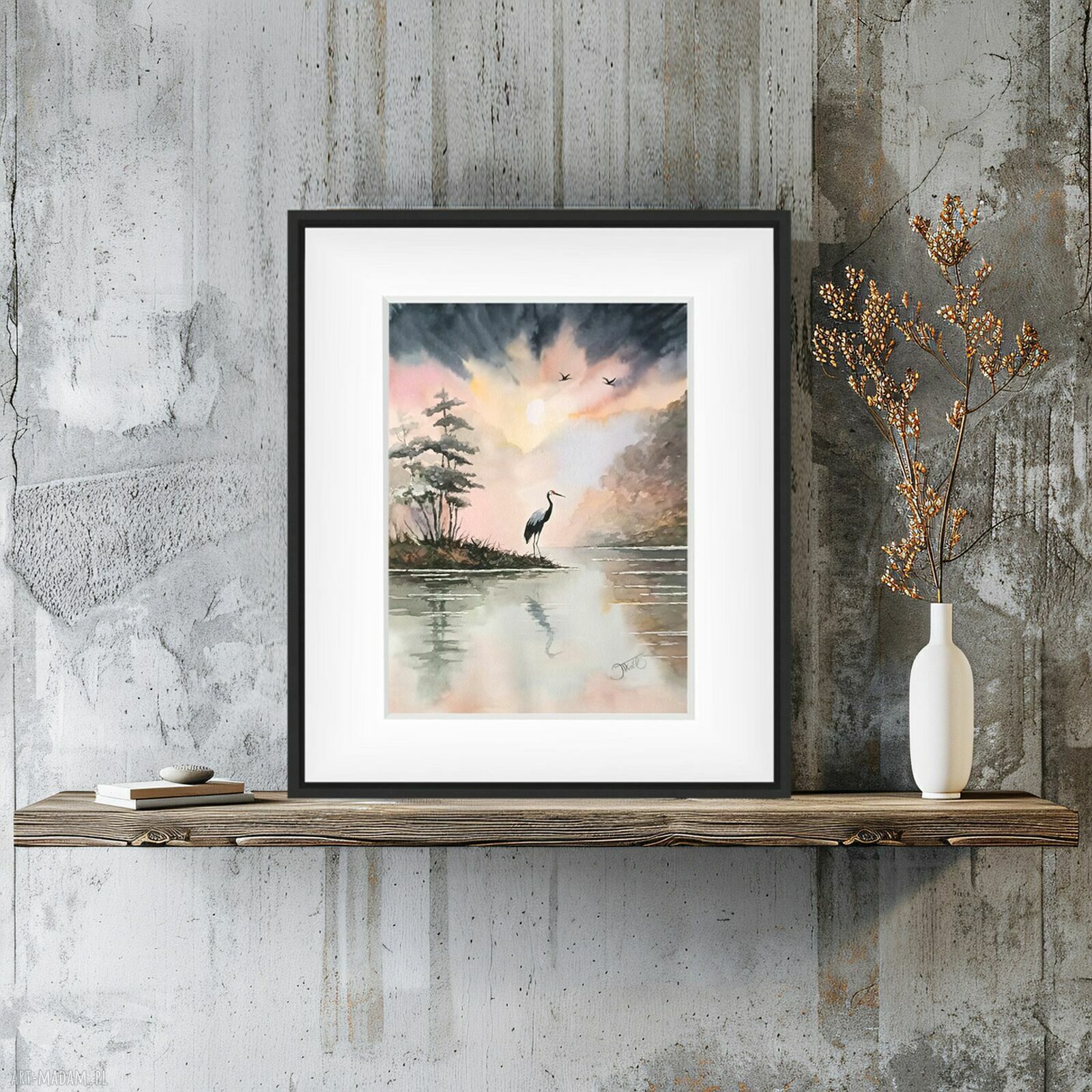 W blasku poranka - akwarela z żurawiami 24x32 cm (oryginał)