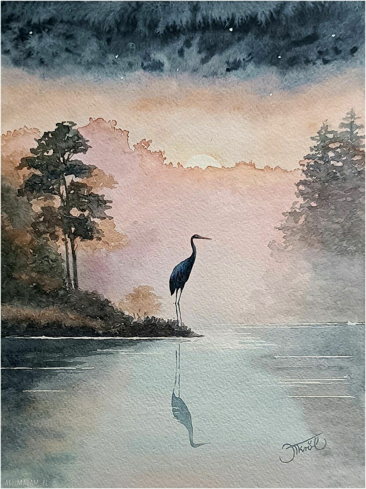 W brzasku poranka - oryginalna akwarela 24x32 cm z żurawiami