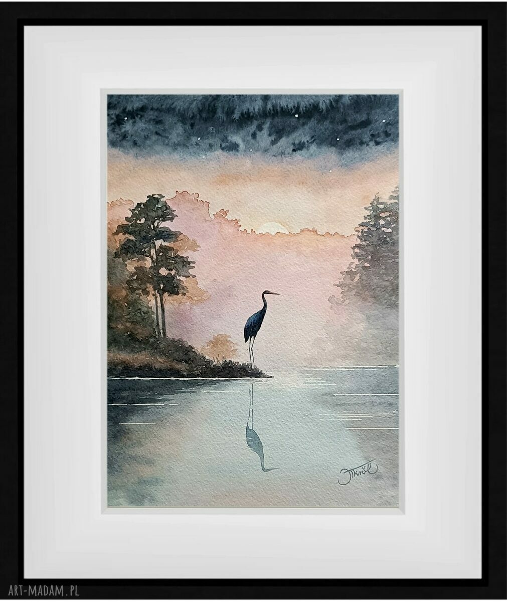 W brzasku poranka - oryginalna akwarela 24x32 cm z żurawiami