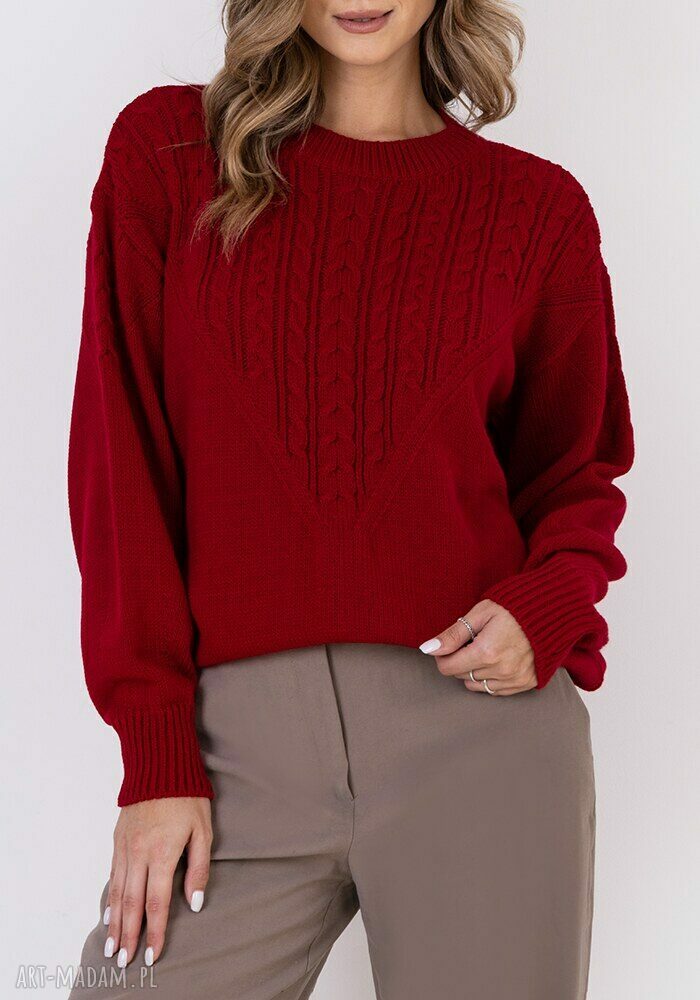 Czerwony sweter SWE322 MKM - warkocze w szpic i sportowy charakter