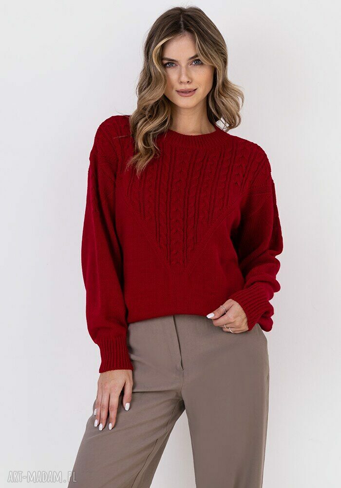 Czerwony sweter SWE322 MKM - warkocze w szpic i sportowy charakter