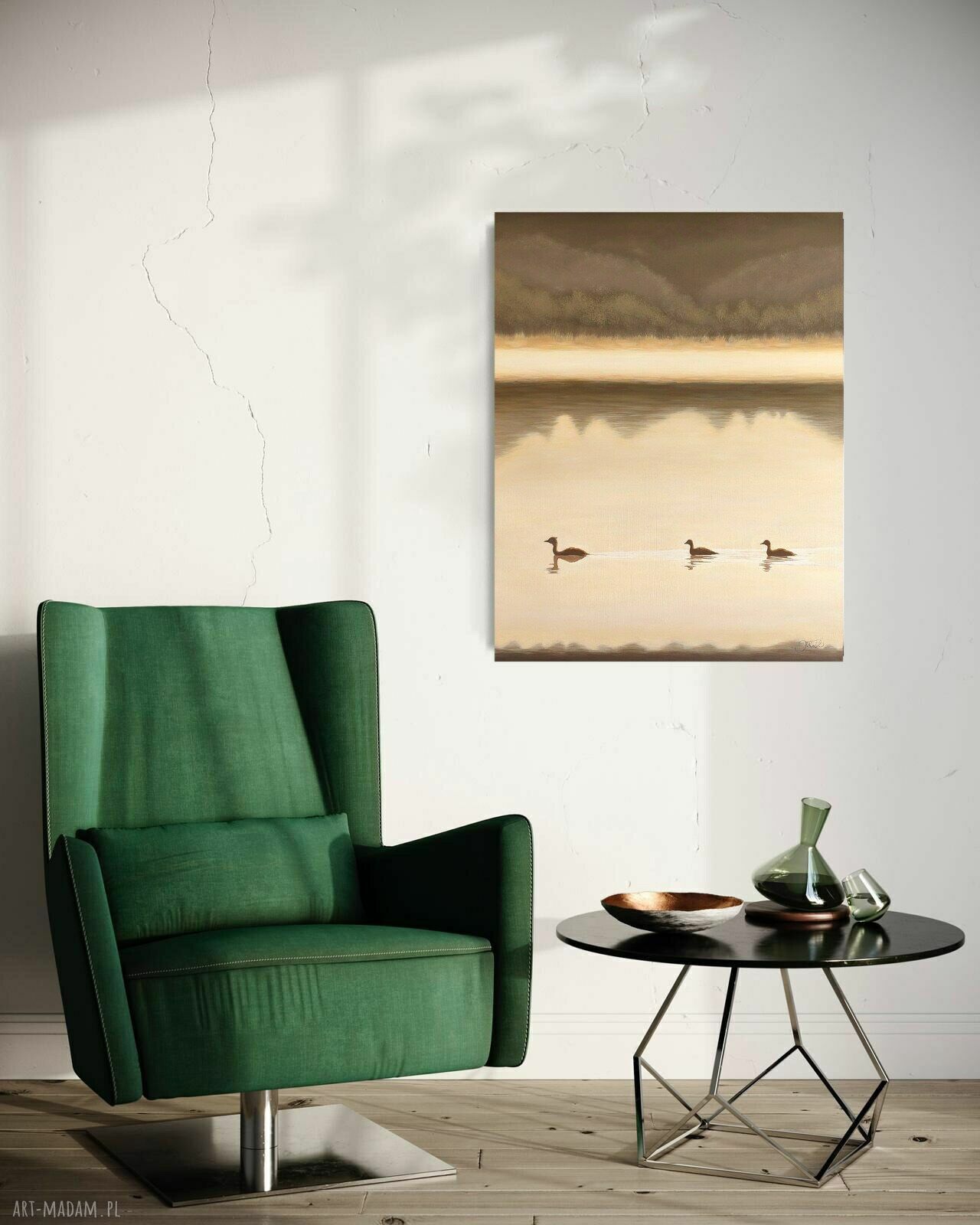 W ciszy zmierzchu - obraz olejny 75x95 cm (pejzaż wodny z ptakami)