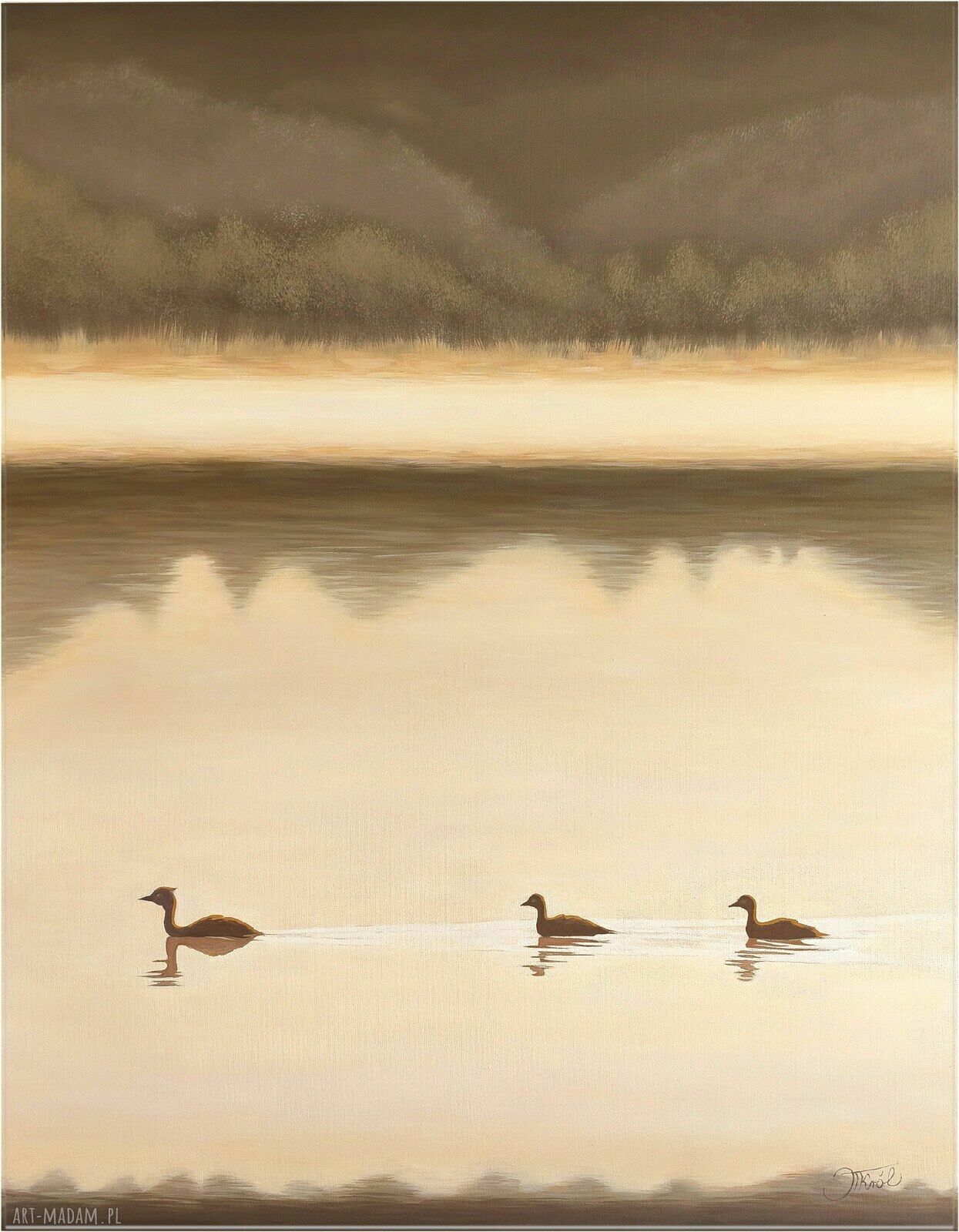 W ciszy zmierzchu - obraz olejny 75x95 cm pejzaż wodny z ptakami
