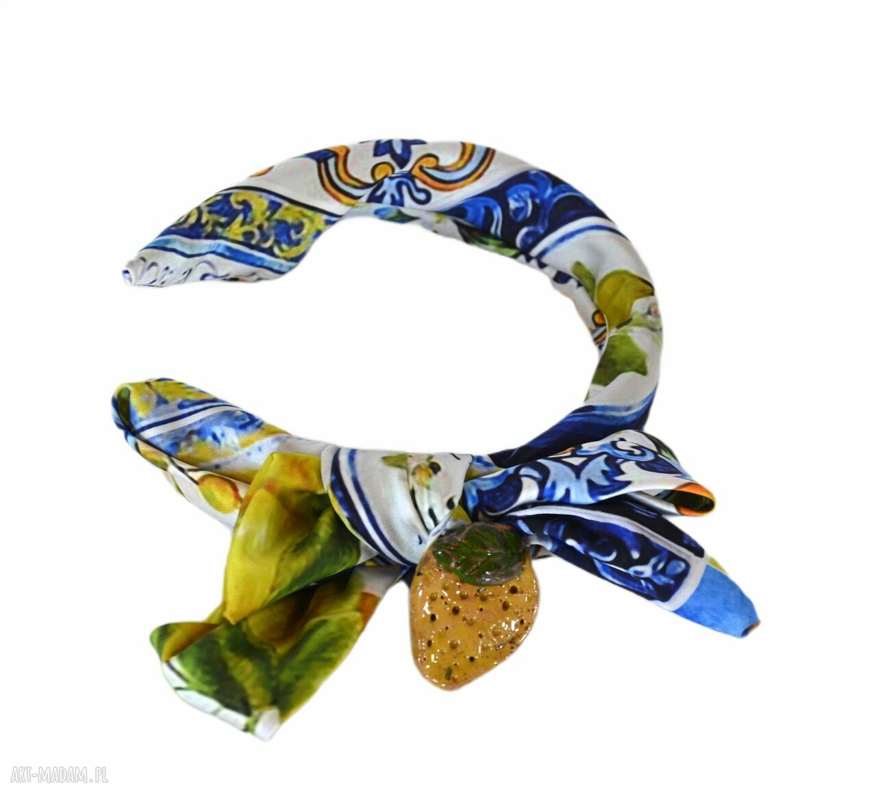 Opaska w cytryny - kokarda i ręcznie robiona ceramiczna broszka