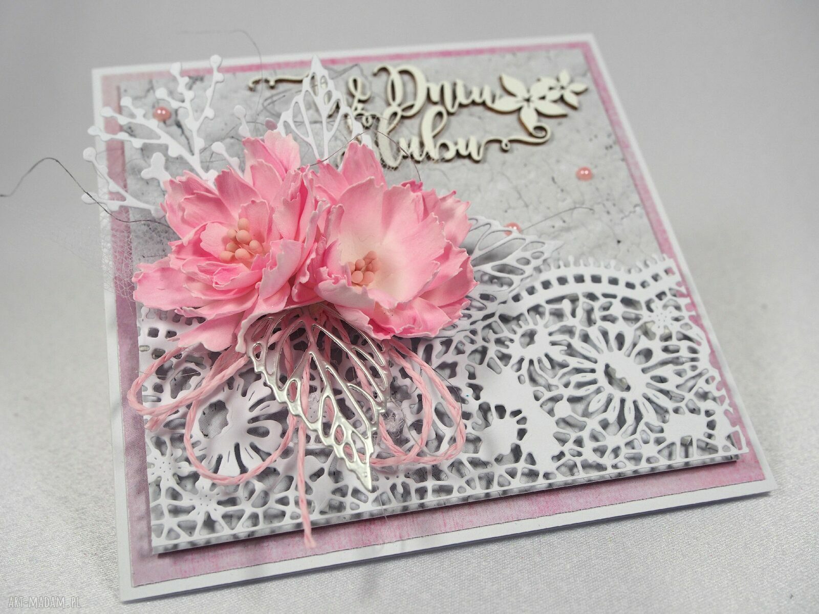 Kartka ślubna „W dniu ślubu” - handmade scrapbooking z kwiatami 3D