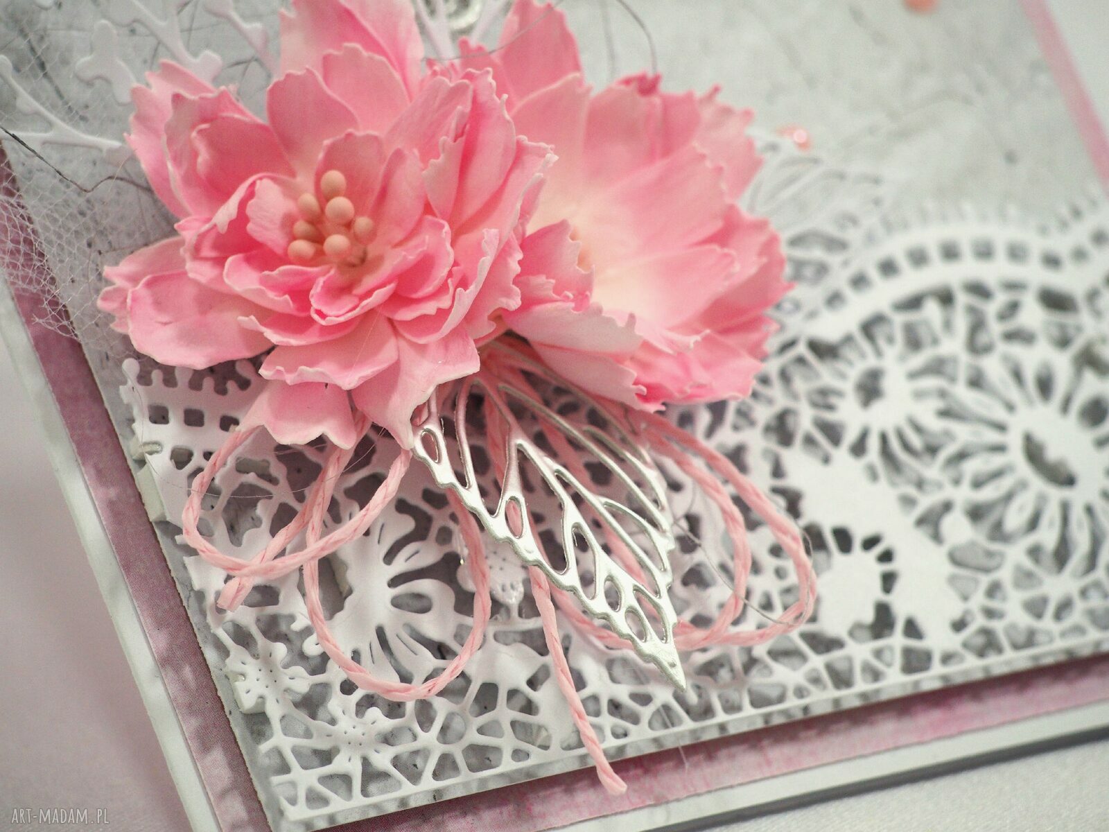 Kartka ślubna „W dniu ślubu” - handmade scrapbooking z kwiatami 3D