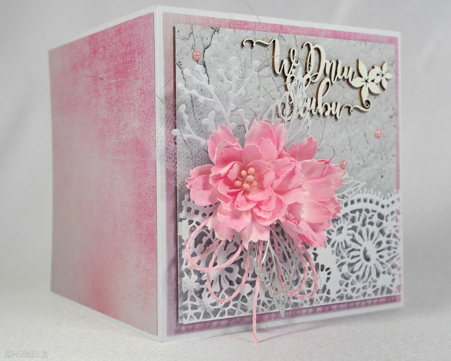 Kartka ślubna „W dniu ślubu” - handmade scrapbooking z kwiatami 3D