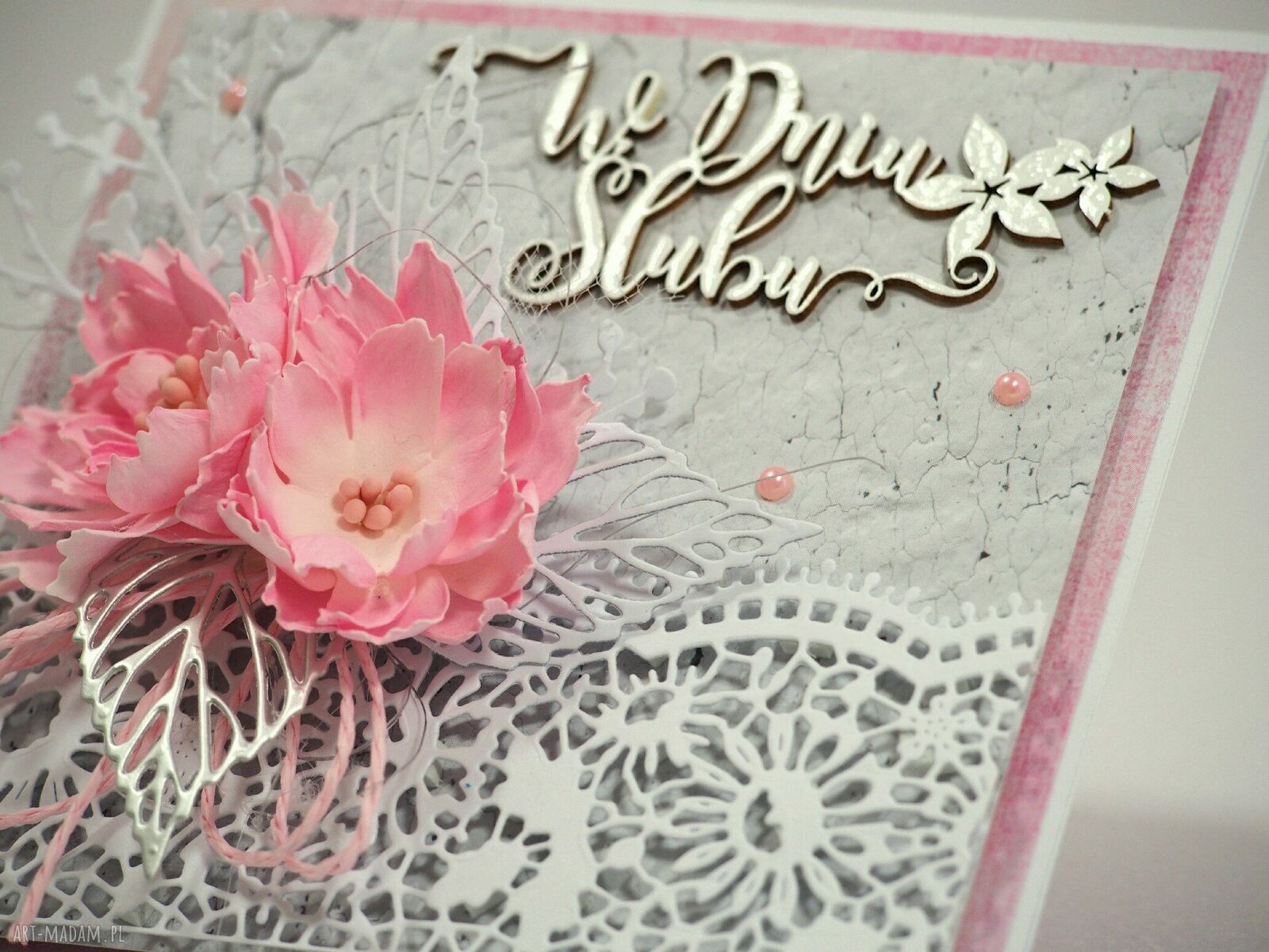 Kartka ślubna „W dniu ślubu” - handmade scrapbooking z kwiatami 3D