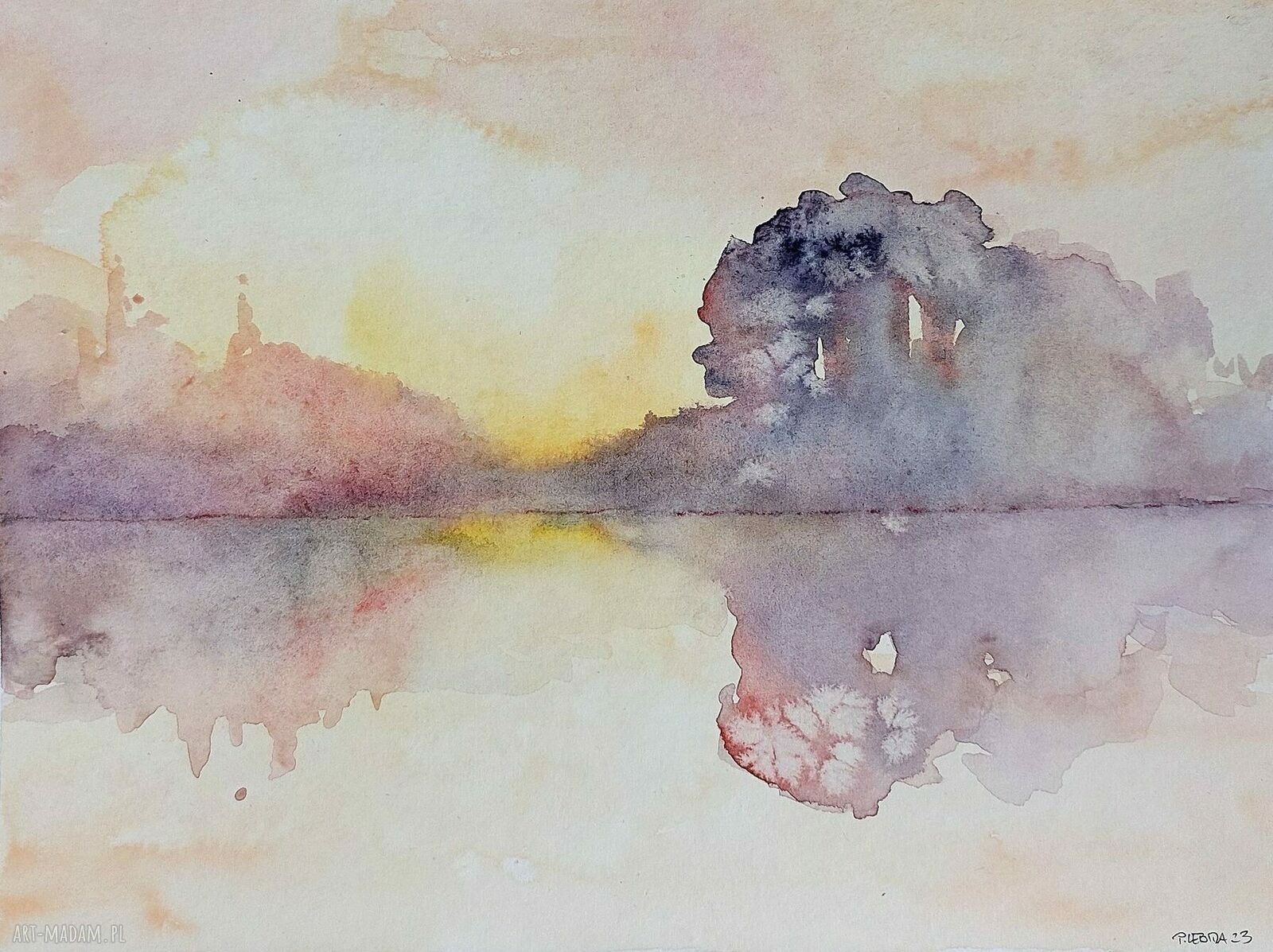 Pejzaż w fioletach - akwarela 32x24 cm na papierze 425 g/m2
