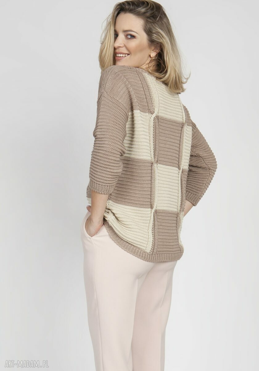 Sweter w kratę SWE172 Mocca i Beż MKM