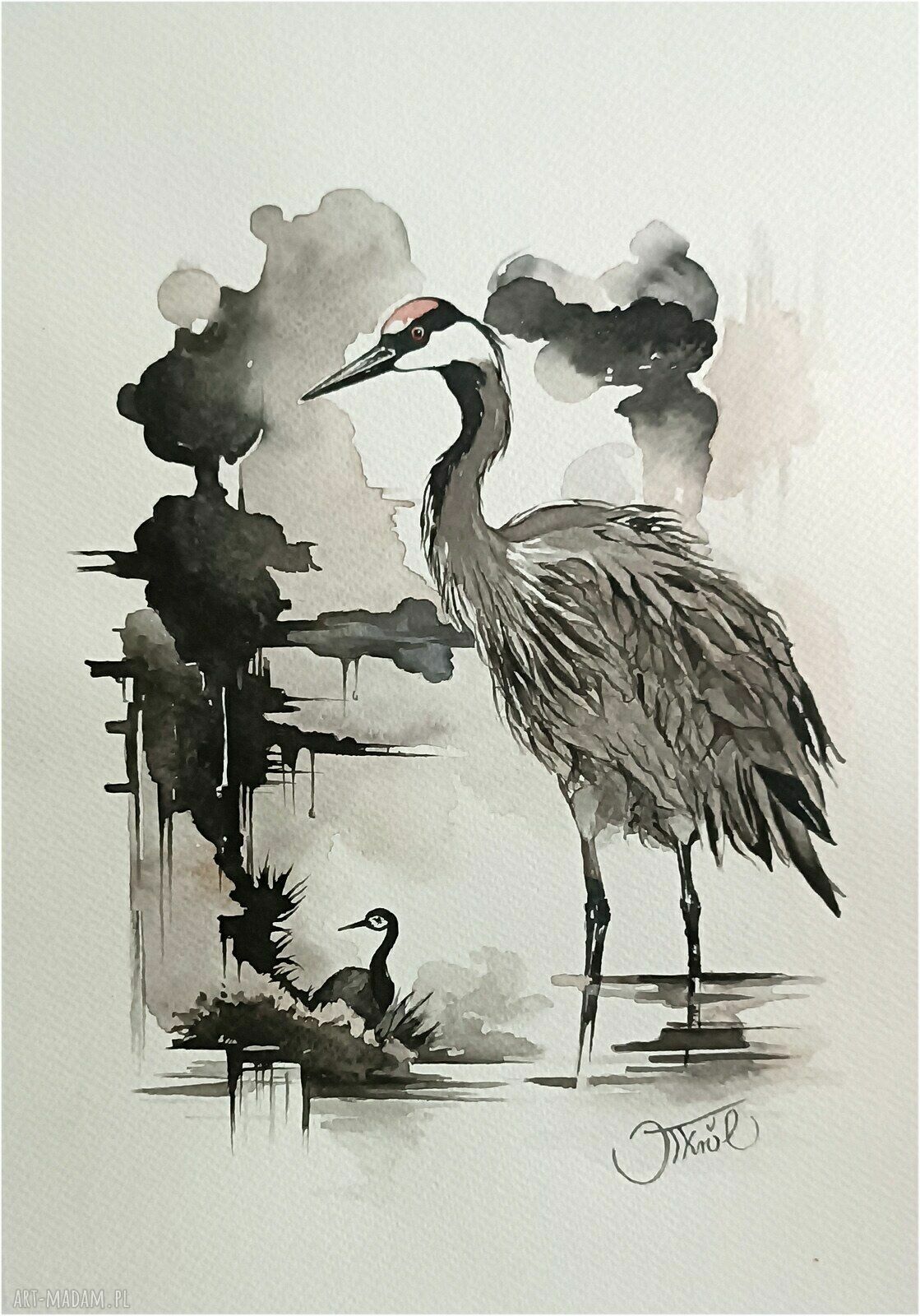 W kręgu opieki - akwarela z żurawiami 24x32 cm oryginał