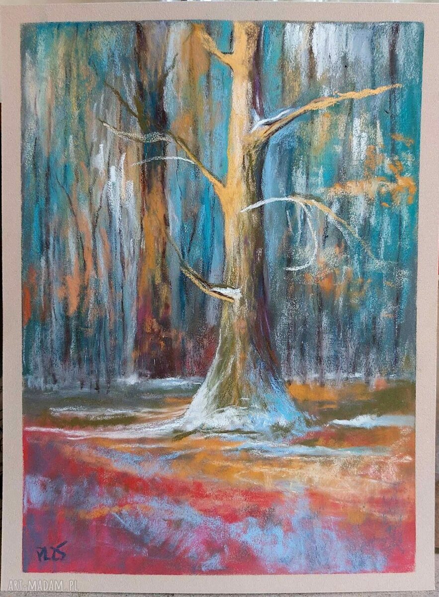 Pejzaż lasu z drzewami w pastelach suchych - 24/18 cm