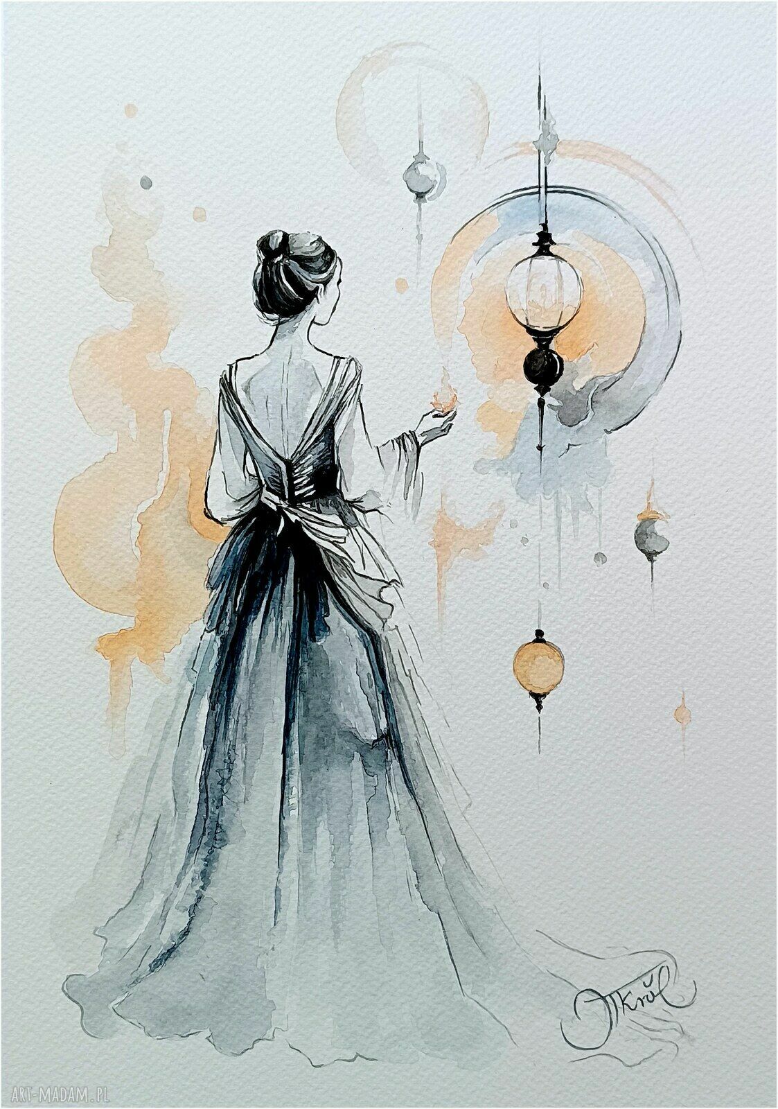 W objęciach światła - akwarela 32x24 cm z postacią kobiety
