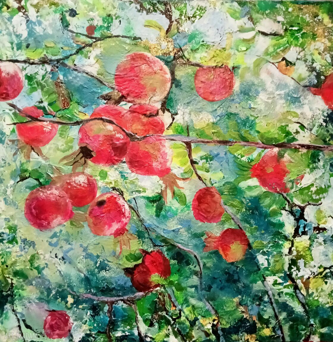 W ogrodzie - ręcznie malowany obraz olejny z owocami 40x40 cm, sygnowany i gotowy do zawieszenia