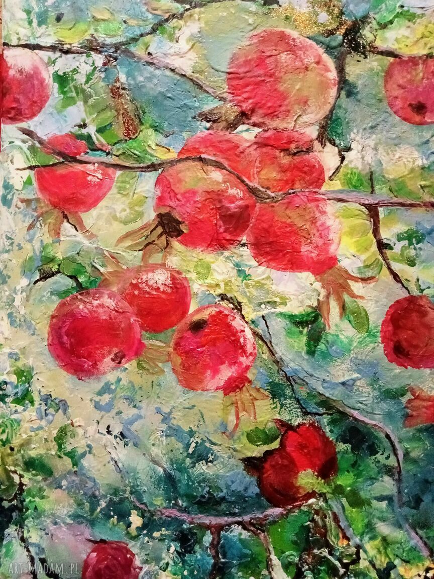 W ogrodzie - ręcznie malowany obraz olejny z owocami 40x40 cm, sygnowany i gotowy do zawieszenia