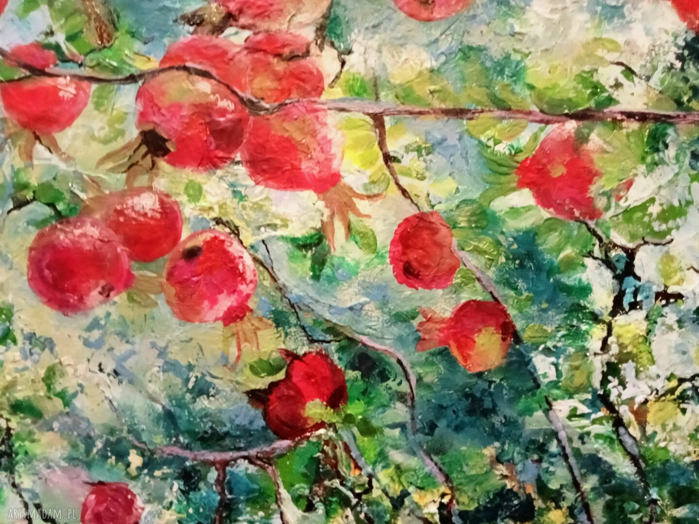 W ogrodzie - ręcznie malowany obraz olejny z owocami 40x40 cm, sygnowany i gotowy do zawieszenia
