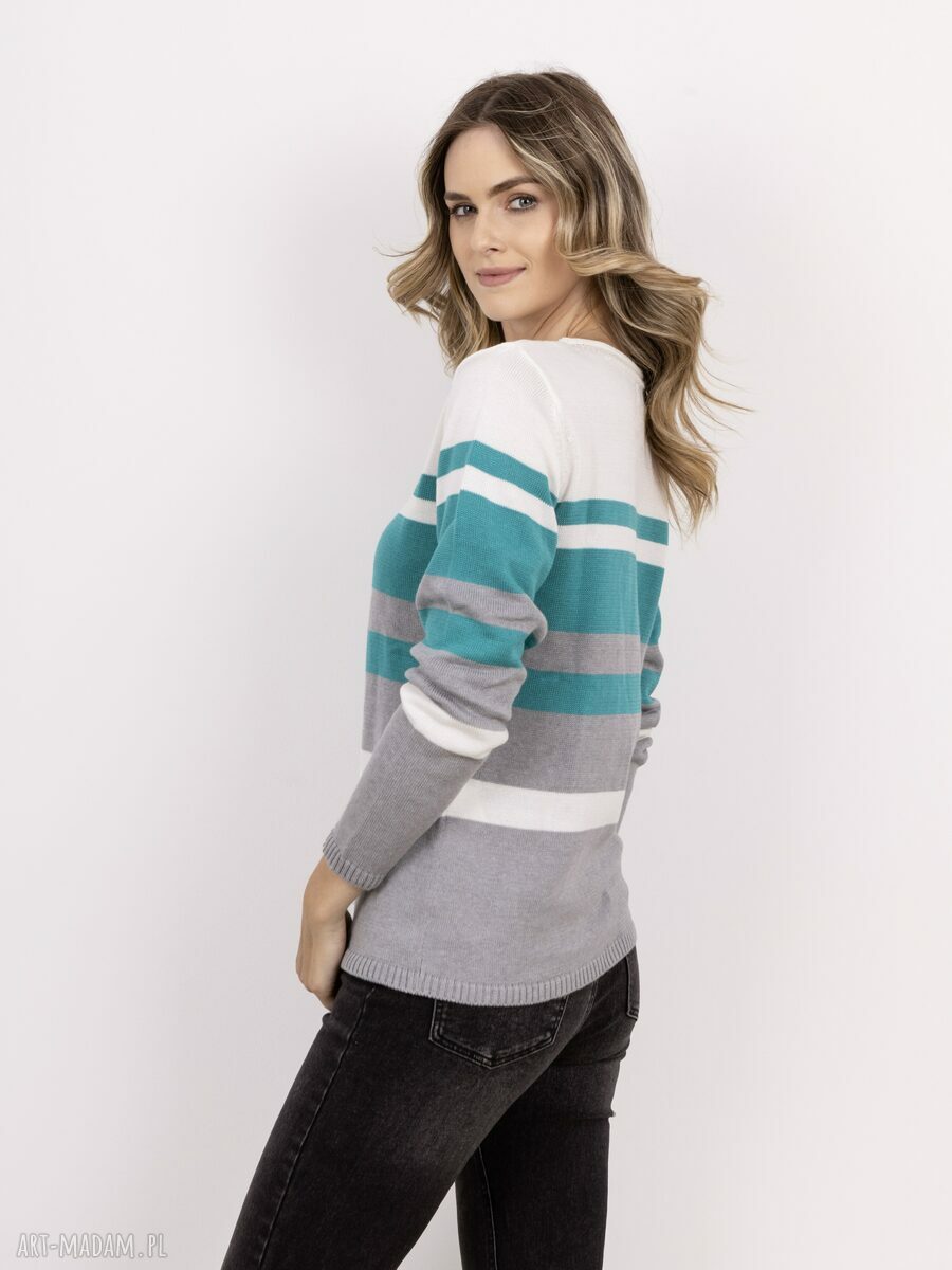 Sweter w paski z ciekawym dekoltem - SWE343 szary/ecru/zielony (handmade)
