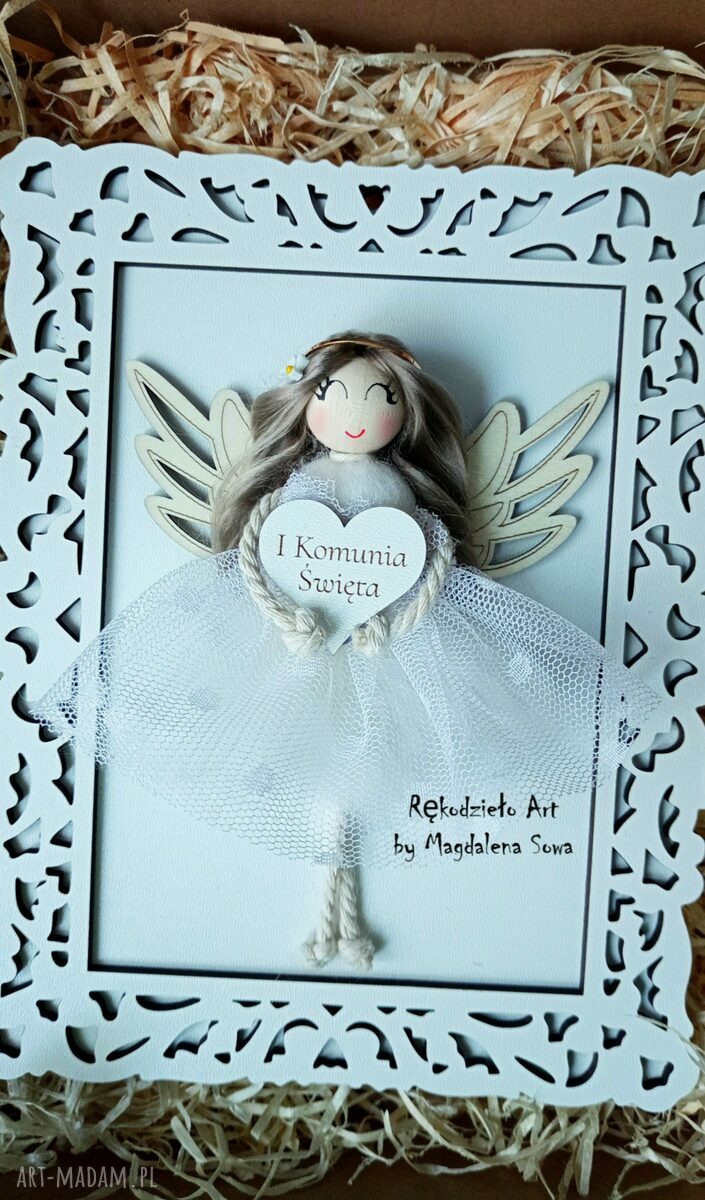 Anioł Stróż w białej ramce - komunijna pamiątka na prezent (handmade)