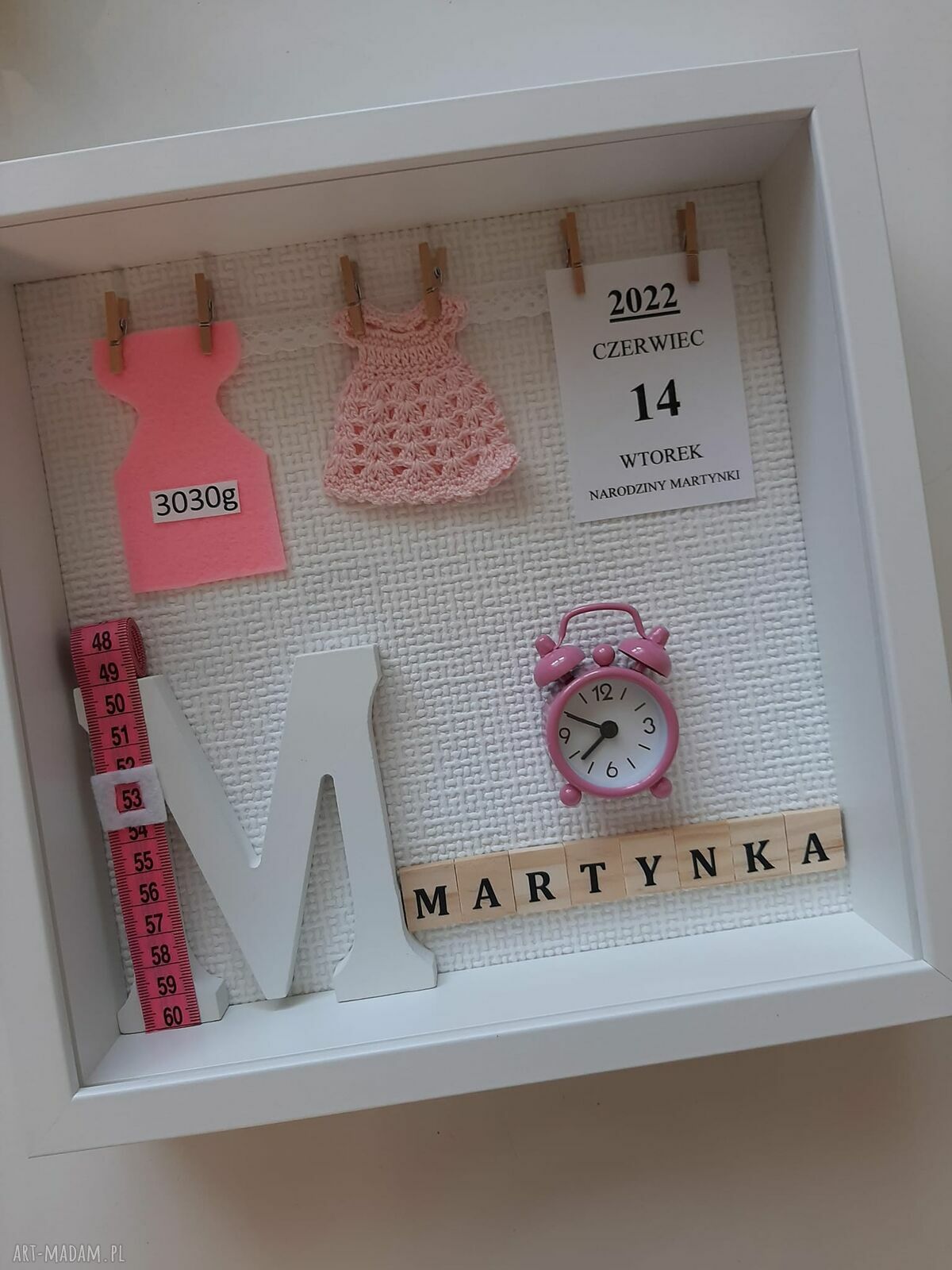 Metryczka w ramce 3D dla dziewczynki 25x25 cm - pamiątka narodzin i chrztu