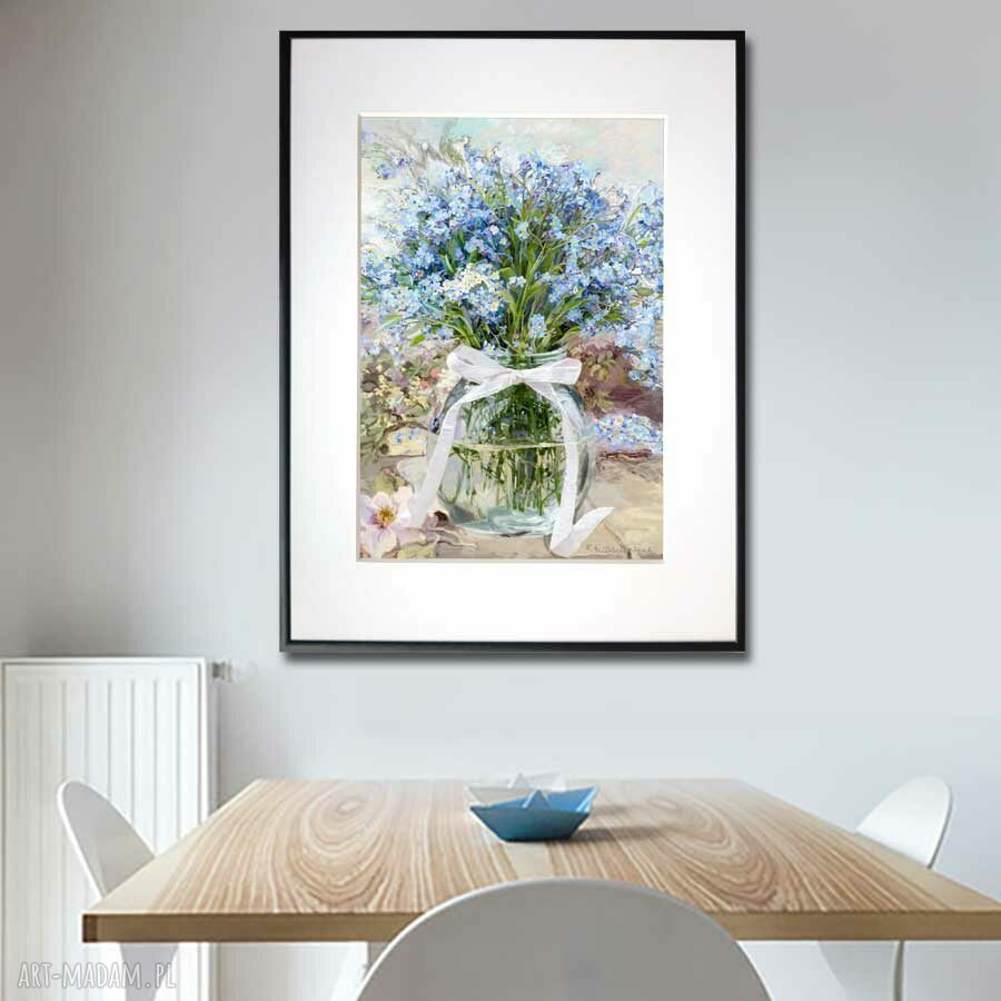 Grafika w ramie Niezapominajki w wazonie 30x40 - na prezent