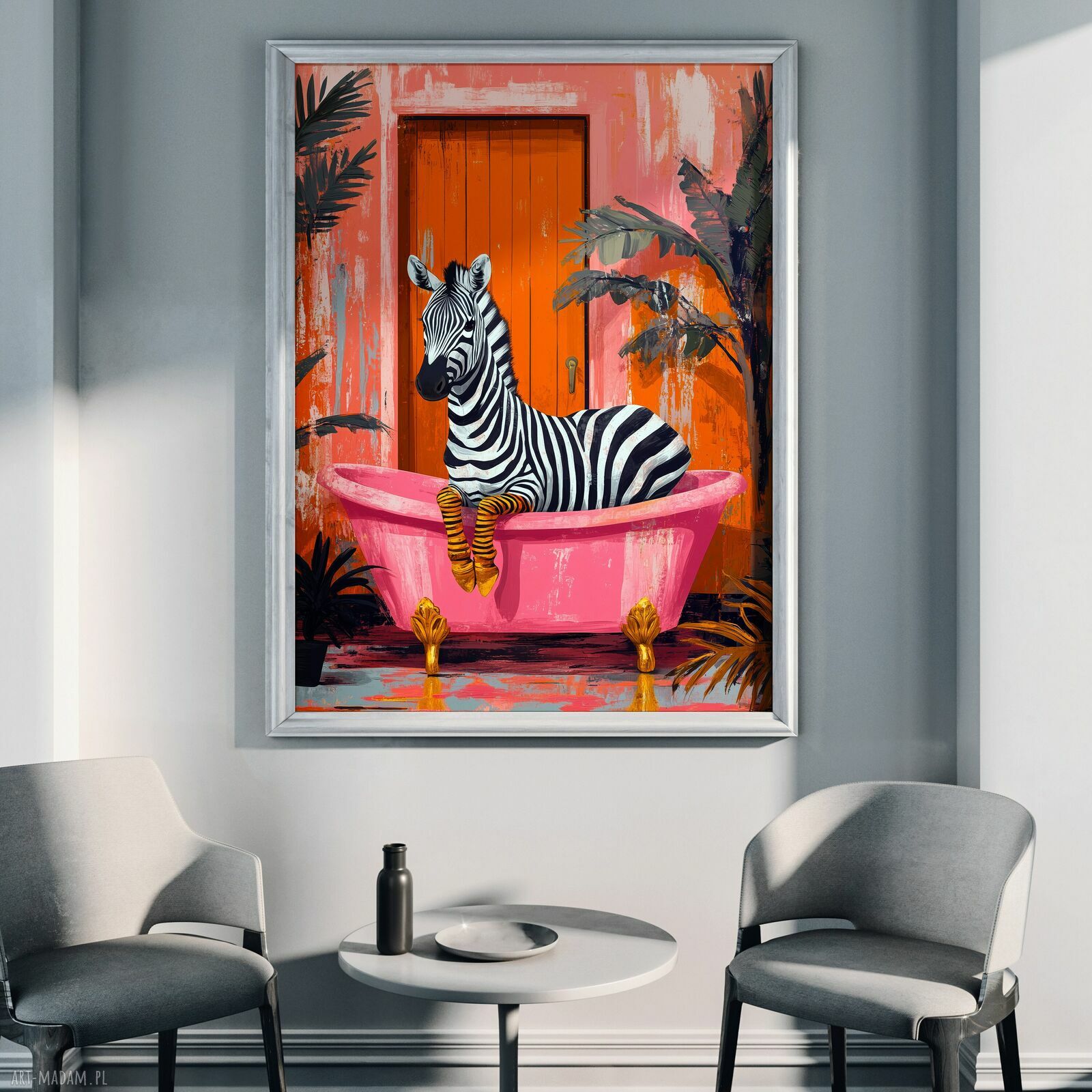 Zebra w różowej wannie - plakat A3 do łazienki