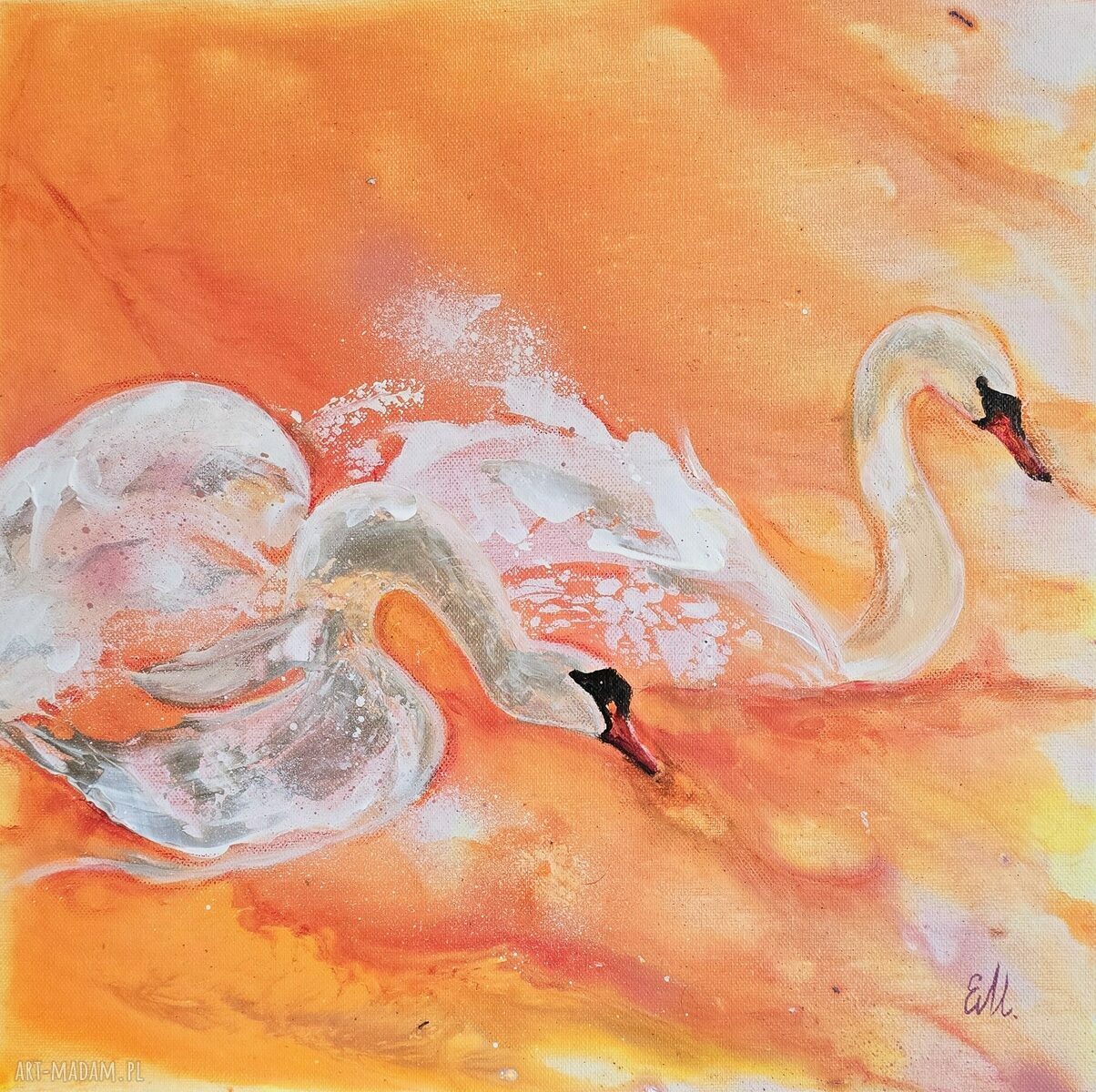 W rytmie mango 2 - obraz akrylowy z łabędziami i ptakami 40x40x2
