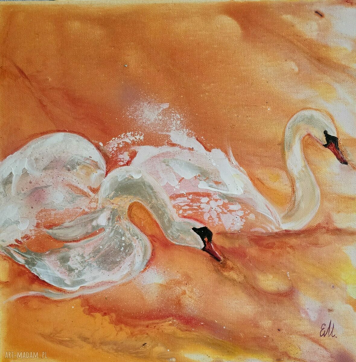 W rytmie mango 2 - obraz akrylowy z łabędziami i ptakami 40x40x2