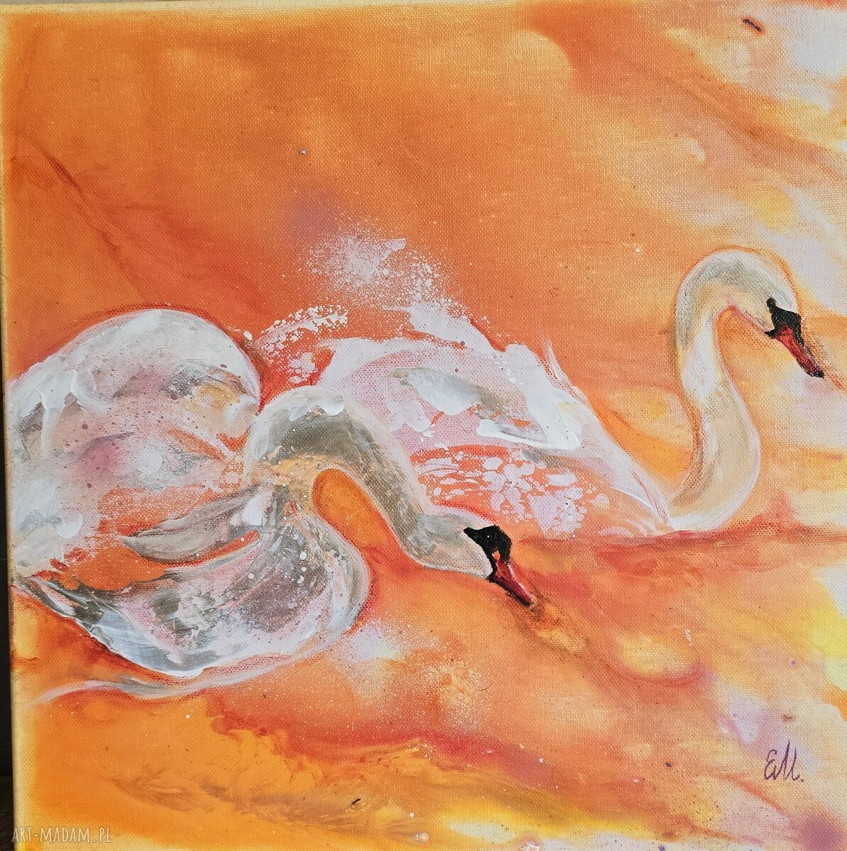 W rytmie mango 2 - obraz akrylowy z łabędziami i ptakami 40x40x2