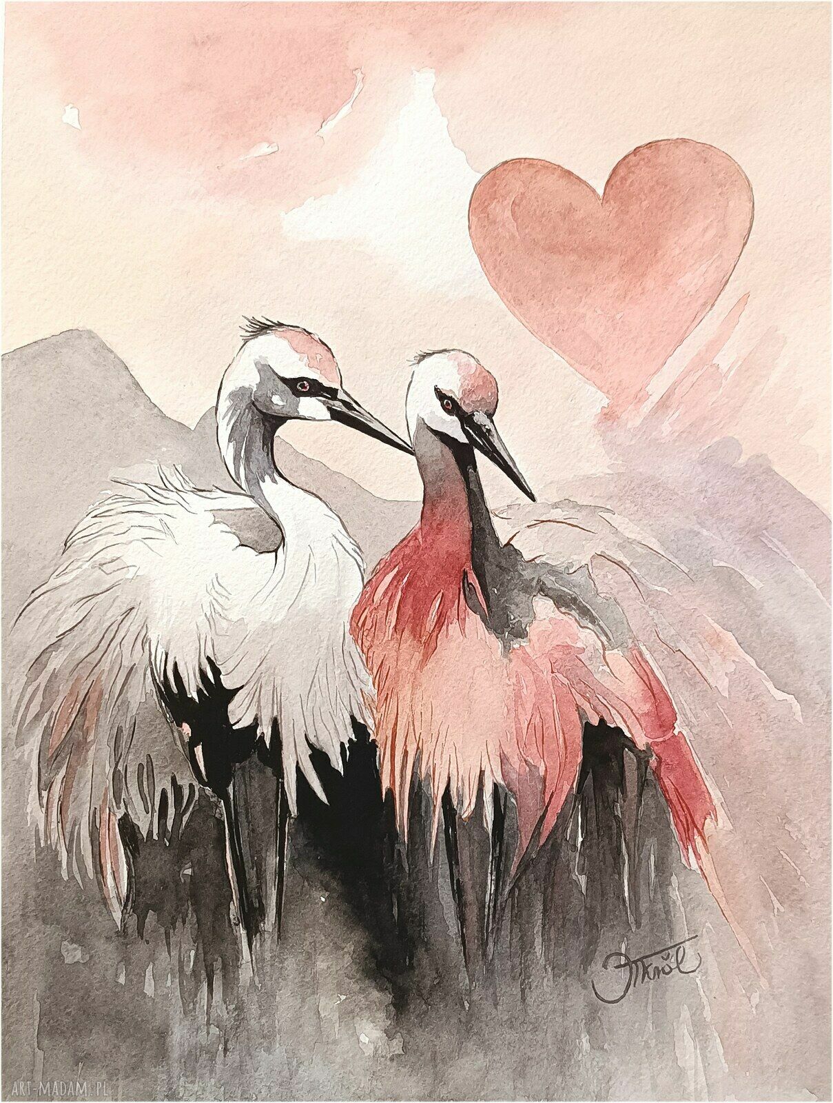 Akwarela żurawie „W rytmie serca” 24x32 cm - oryginał