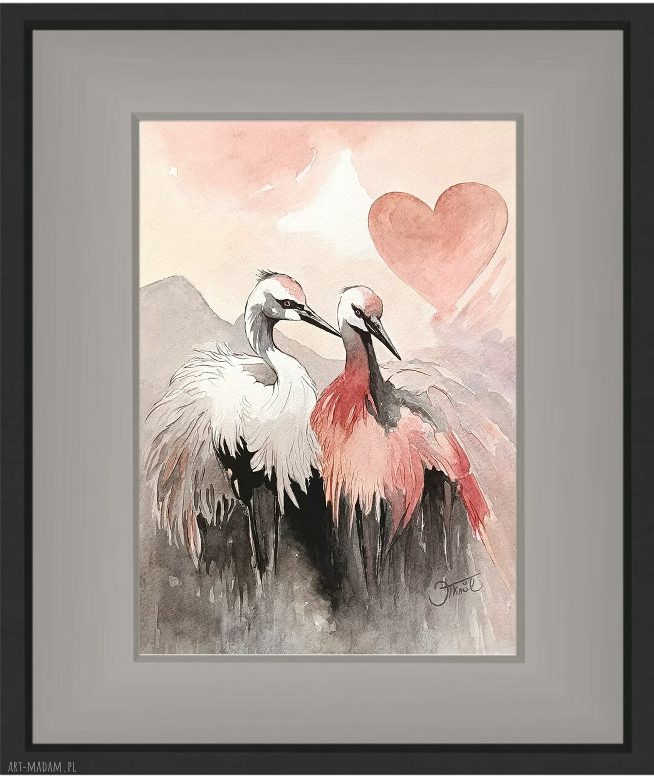 Akwarela żurawie „W rytmie serca” 24x32 cm - oryginał