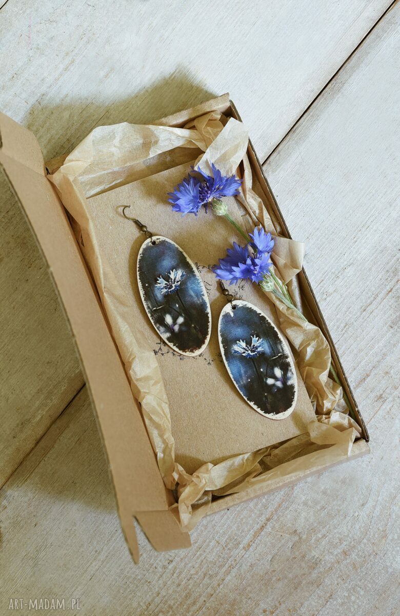 Kolczyki retro i vintage z kwiatem chabru (decoupage) - lekkie, ręcznie robione