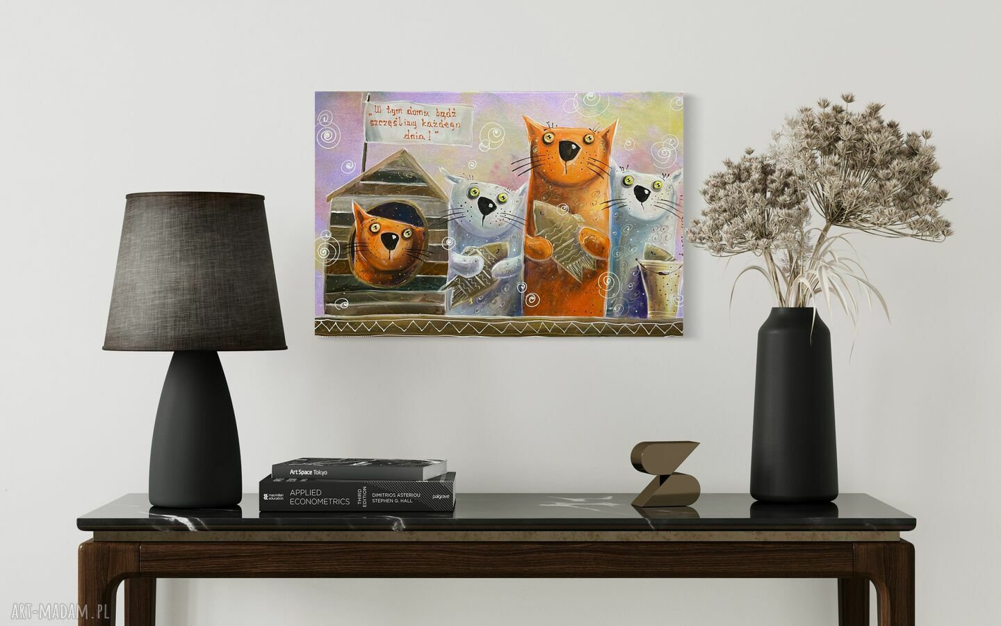 W tym domu bądź szczęśliwy każdego dnia - obraz giclee z kotami