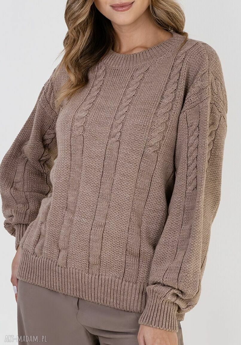 Sweter na jesień w warkoczowy wzór SWE323 mocca MKM