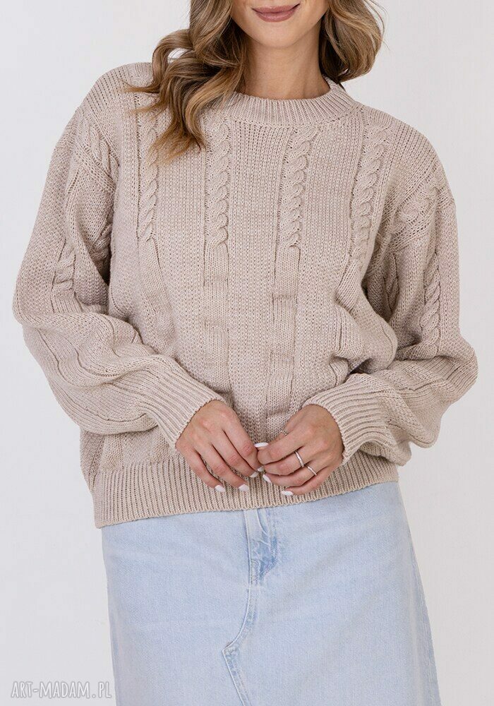 Sweter beżowy w warkoczowy wzór SWE323 MKM