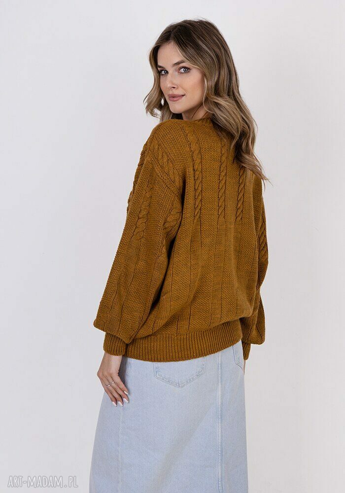 Sweter w warkoczowy wzór - SWE323 miodowo-brązowy MKM