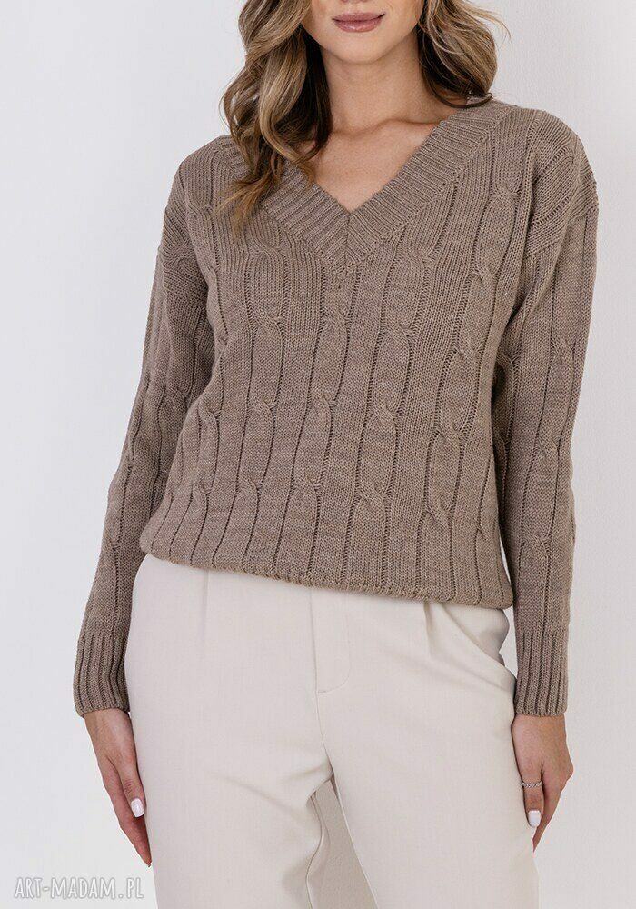 Sweter w warkoczowy wzór SWE316 mocca MKM