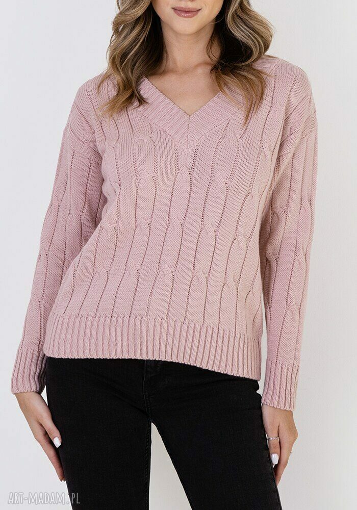 Sweter w warkoczowy wzór - SWE316 pudrowy róż MKM