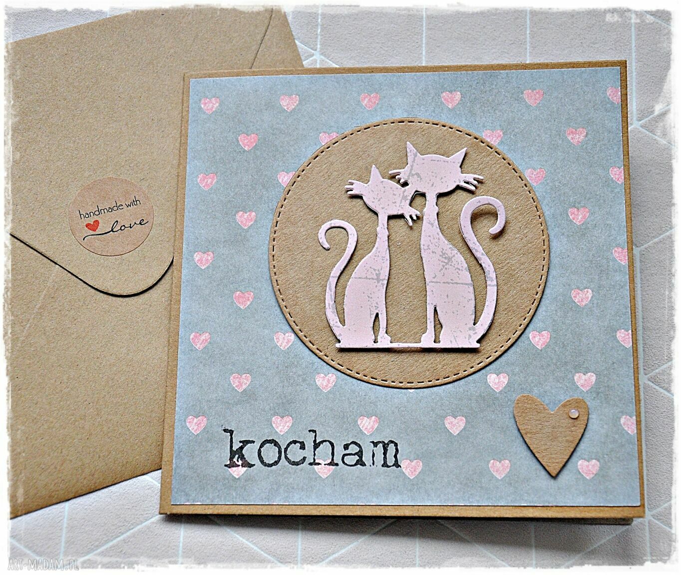 Kartka walentynkowa z zakochanymi kotami - ręcznie robiona scrapbooking