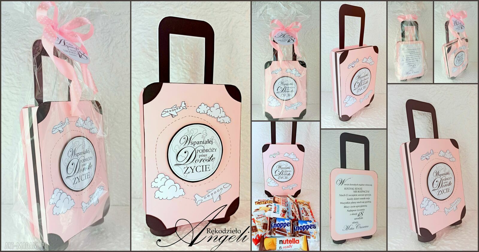 kartki: WALIZKA na 18 URODZINY Box słodyczy Kartka na 18stkę dla dziewczyny ręczne