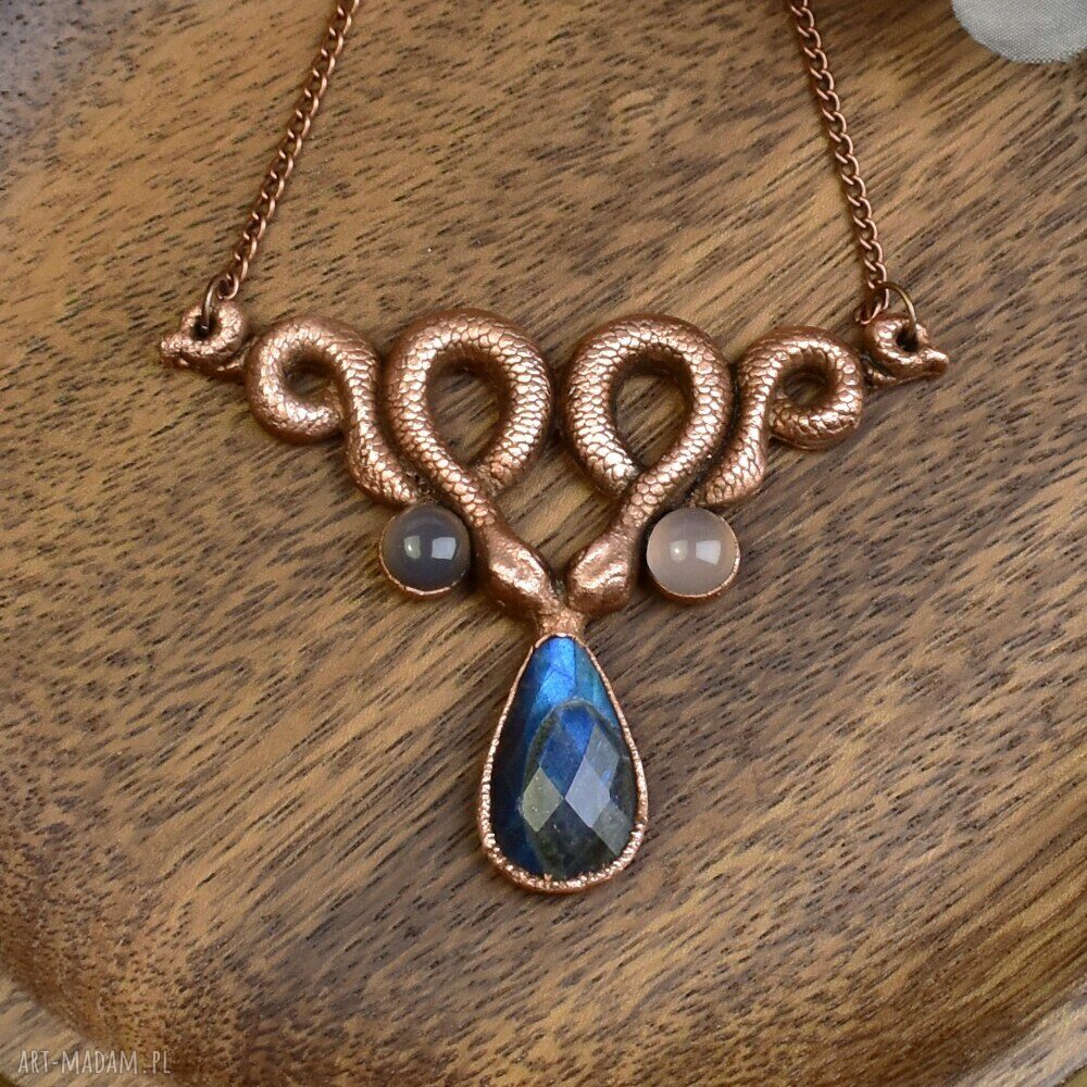 Miedziany naszyjnik wężami labradorytem chalcedonem #196 wisiorek