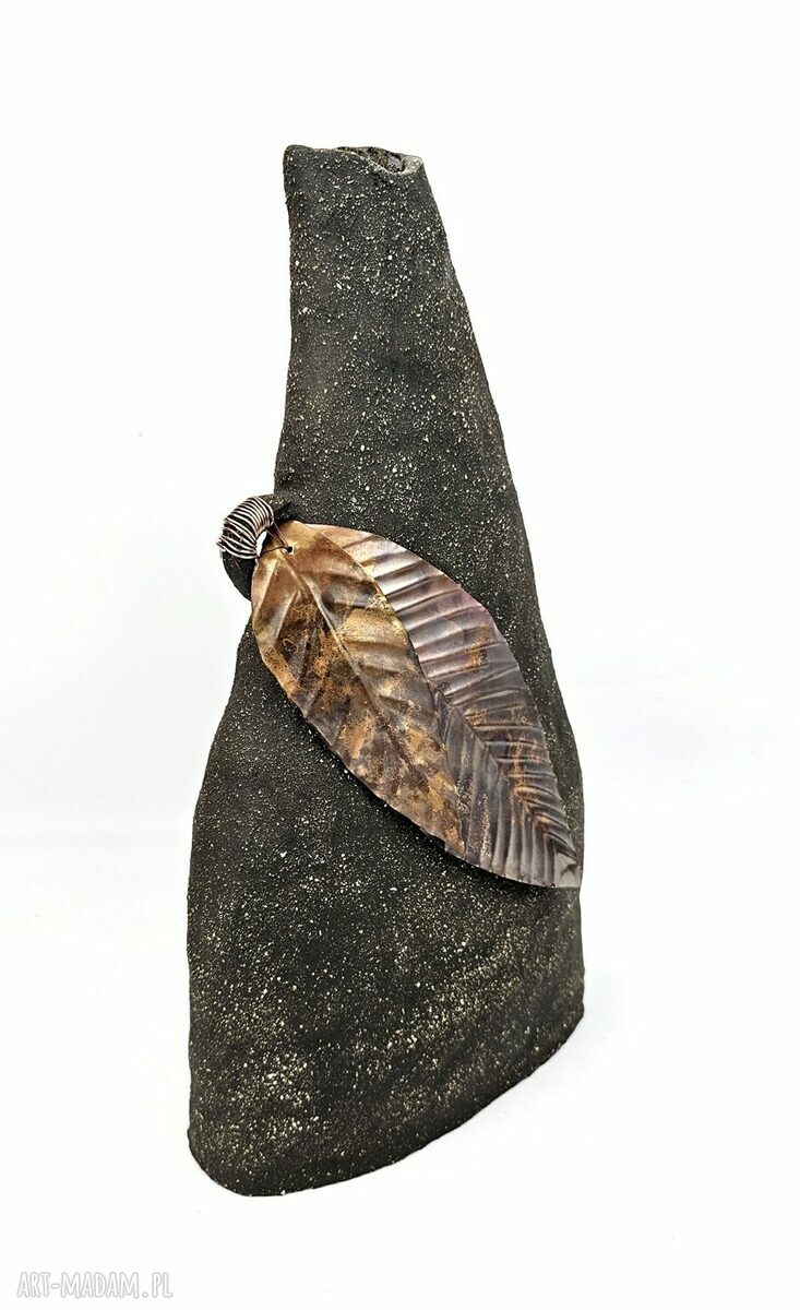 Wazon ceramiczny poLEPIONE - 40 cm, surowa glina i miedziane listki