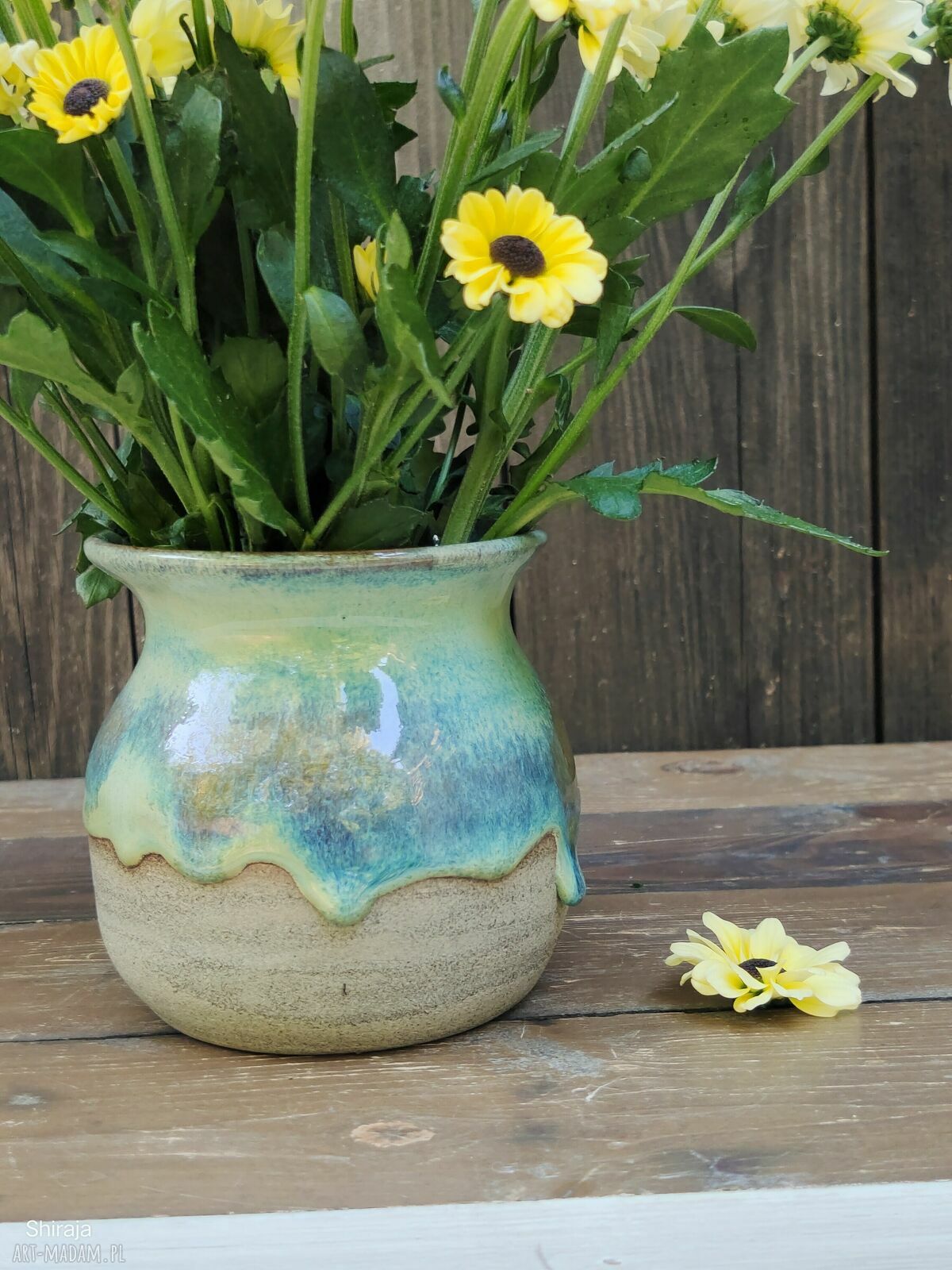 Ceramiczny wazon na kwiaty c841 z kamionki - turkusowy efekt szkliwa