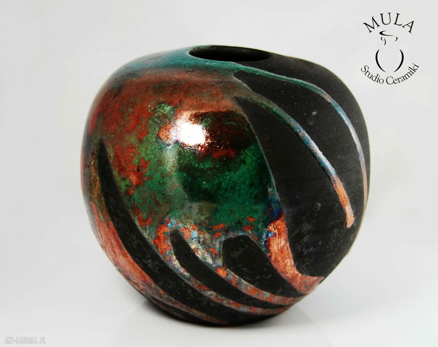 Wazon raku zielony z miedzianymi przebarwieniami - ceramika handmade