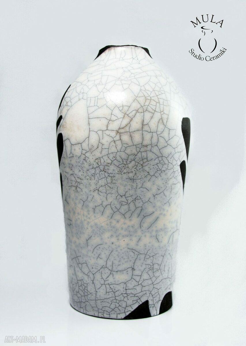 Wazon Raku biało-czarny - ceramika handmade z białym szkliwem i spękaniami