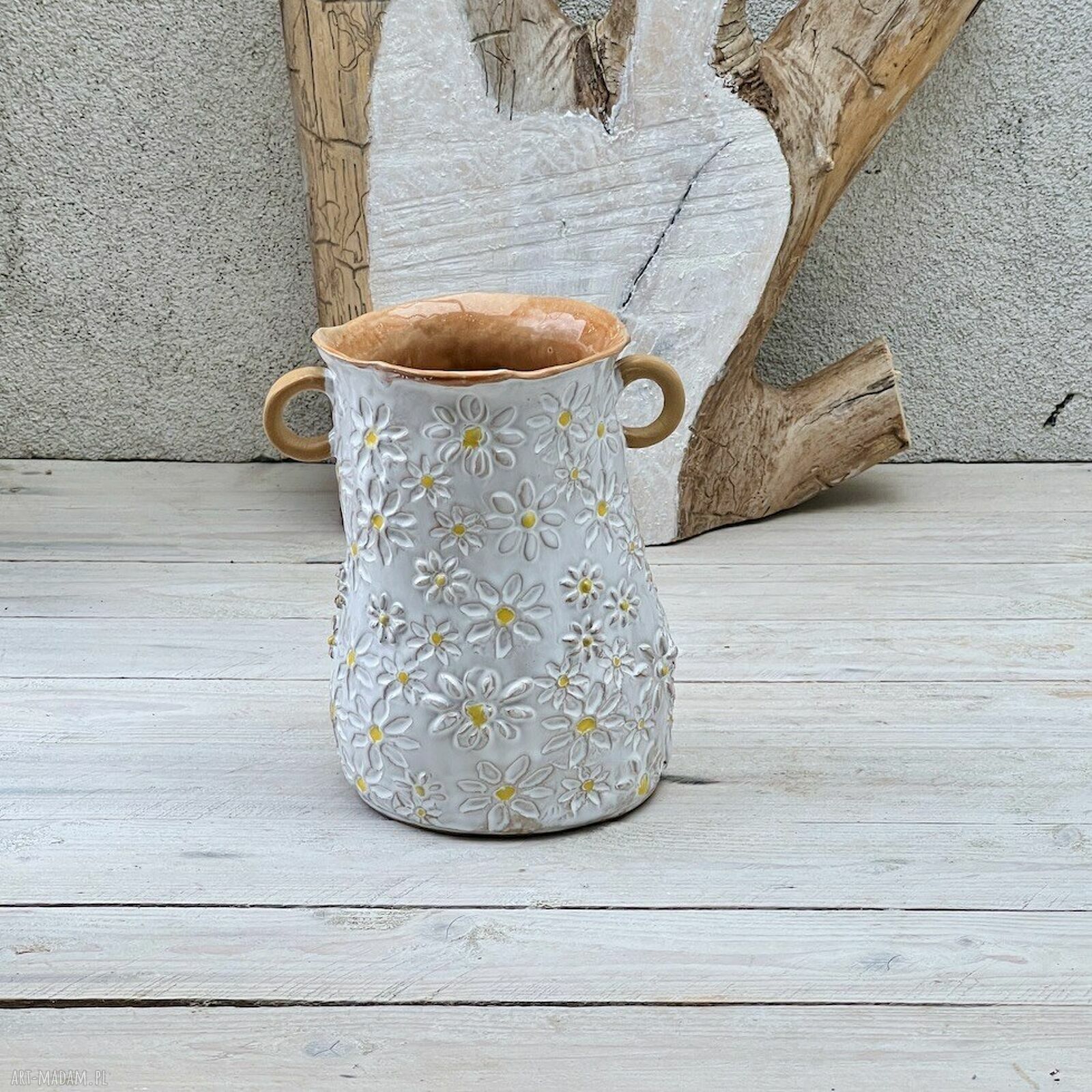 Wazon ceramiczny z uszkami w margerytki - ręcznie wykonany