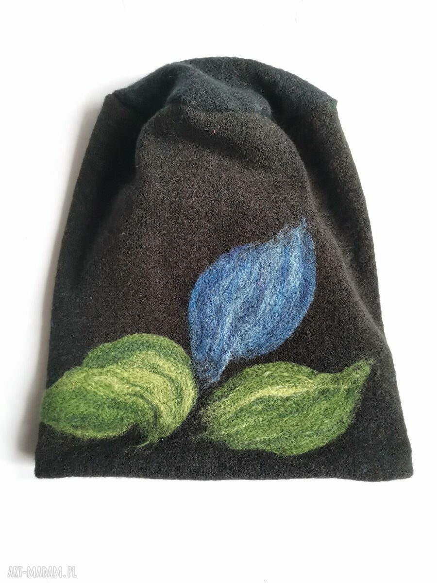 Czapka wełniana handmade z podszewką - czarna, filcowana z merino (rozmiar uniwersalny)