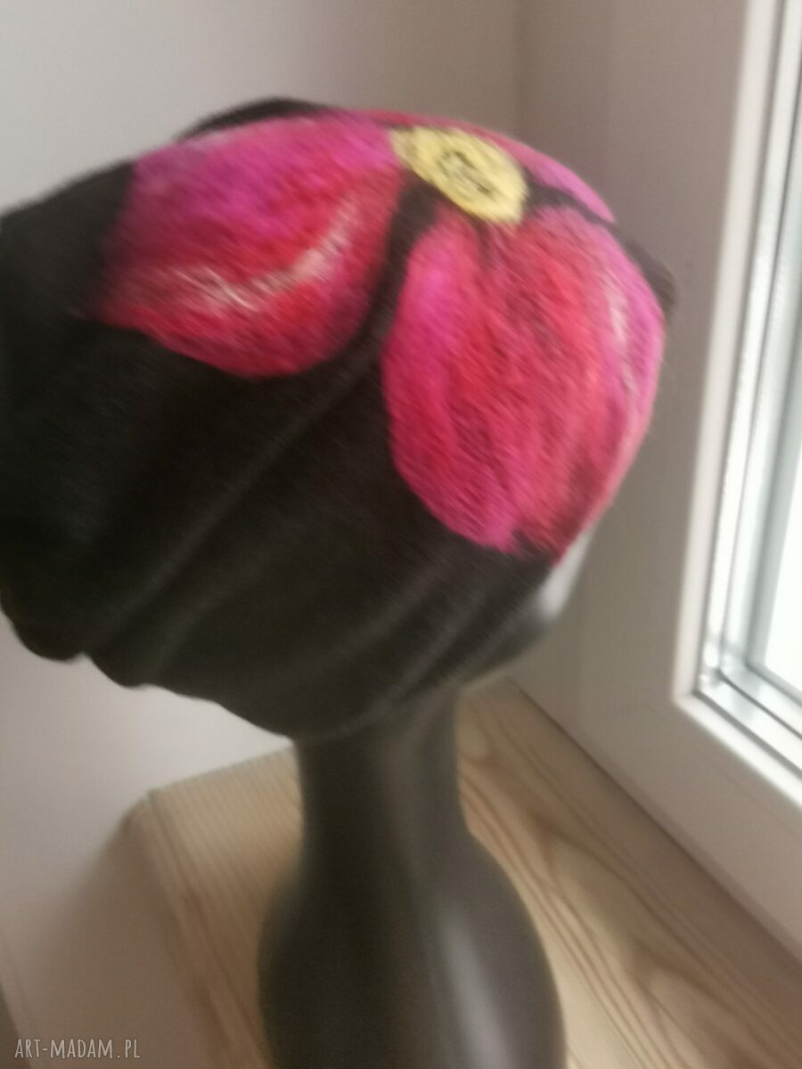 Czapka wełniana filcowana Frida - zimowa boho w kwiaty na podszewce (rozmiar uniwersalny)