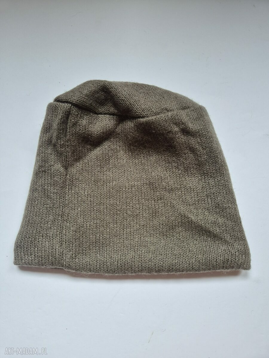 Czapka wełniana szaro-khaki z podszewką - styl folk i boho, rozmiar uniwersalny