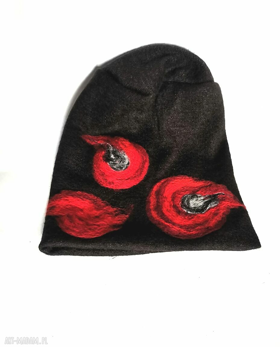 Wełniana czapka boho filcowana w kwiaty na podszewce - rozmiar uniwersalny